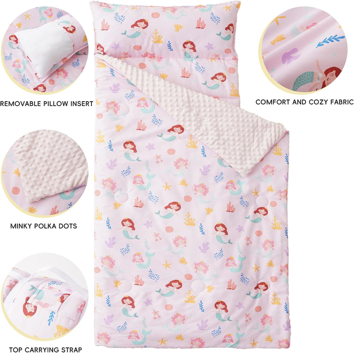 Bunnikins & Clover Toddler Nap Mat with Removable Pillow - Pink Mermaid - image 2