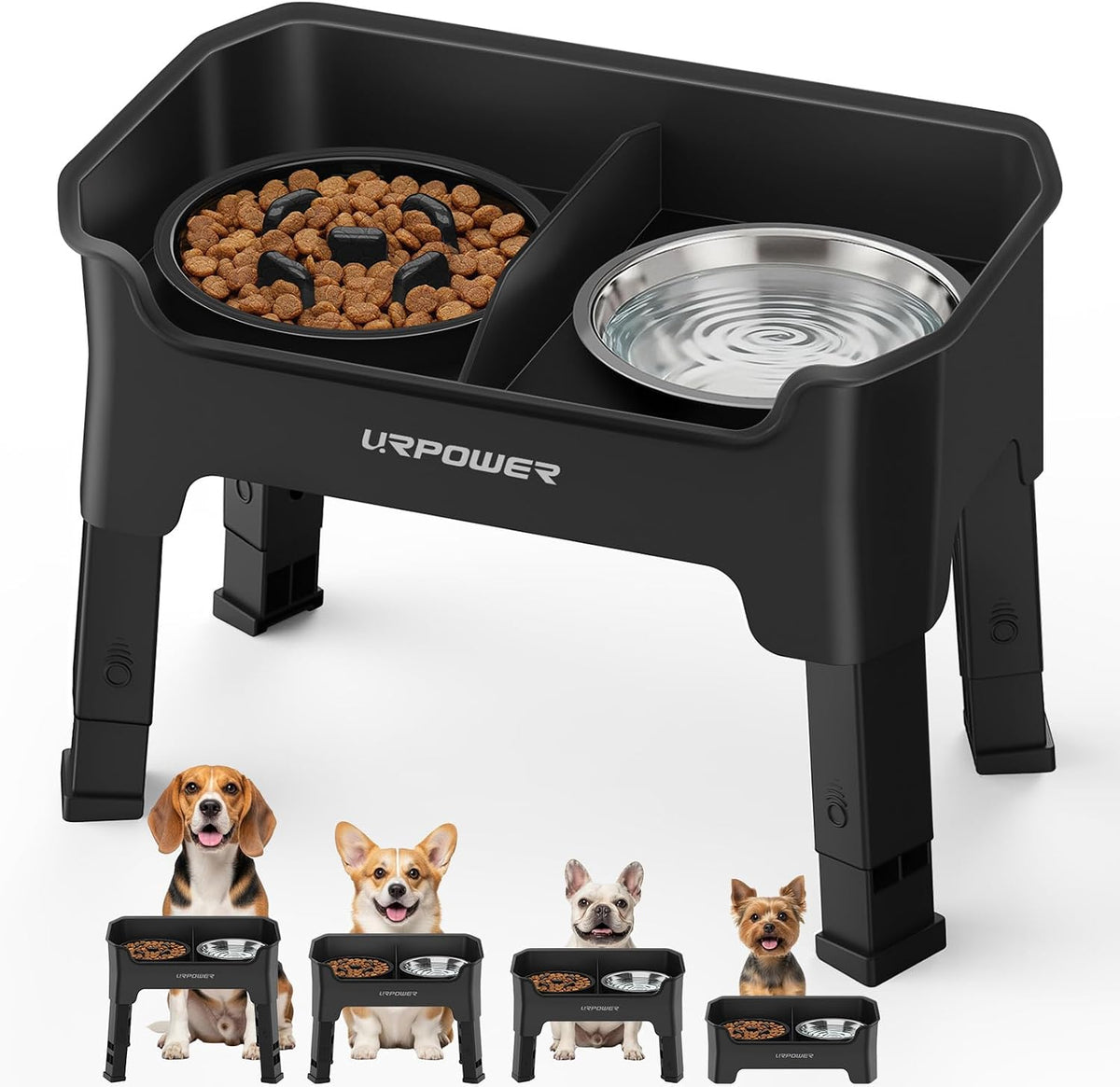 URPOWER Mess Proof Elevated Dog Bowls 4 Height Adjustable Raised Stand – Essentials for Dogs - Matte Black / Small