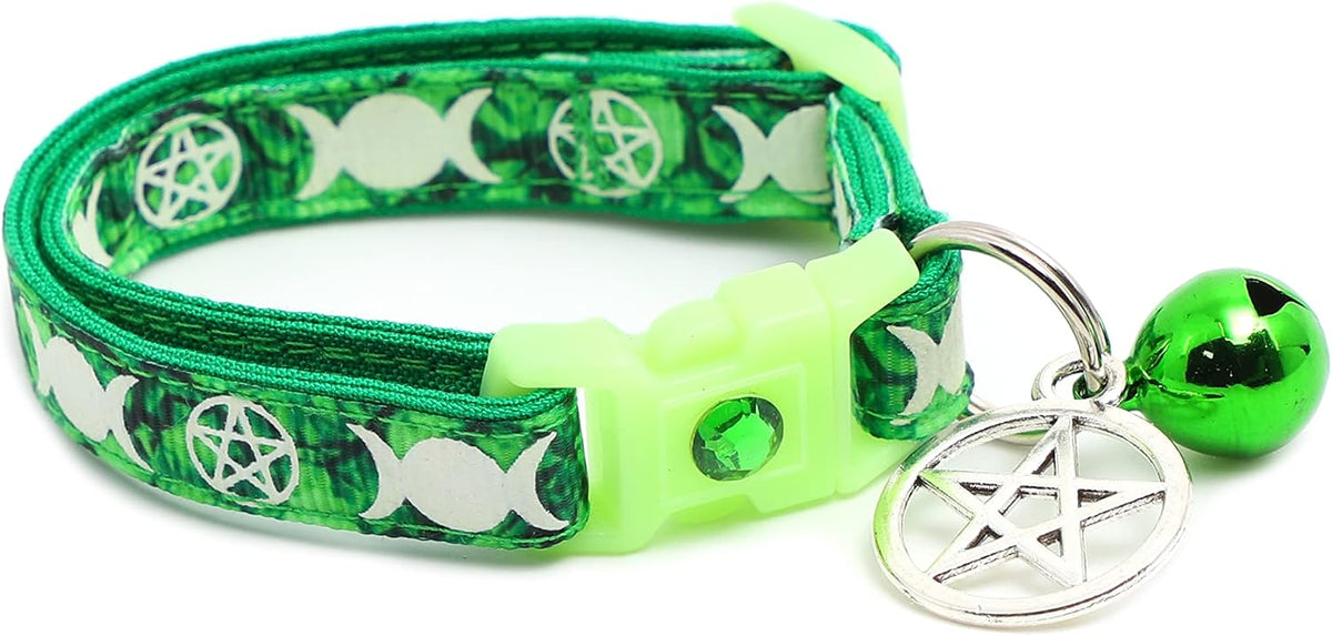 Wicca Cat Collar with Occult Charm & Bell - Small(10lbs & Less) / Emerald