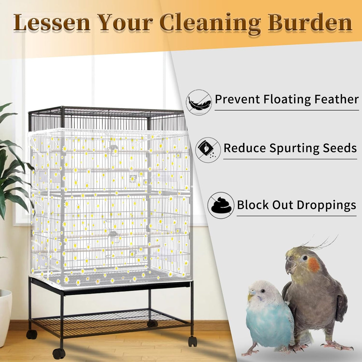 Bird Cage Seed Catcher, Large Bird Cage Cover - White, Daisy Design - image 4