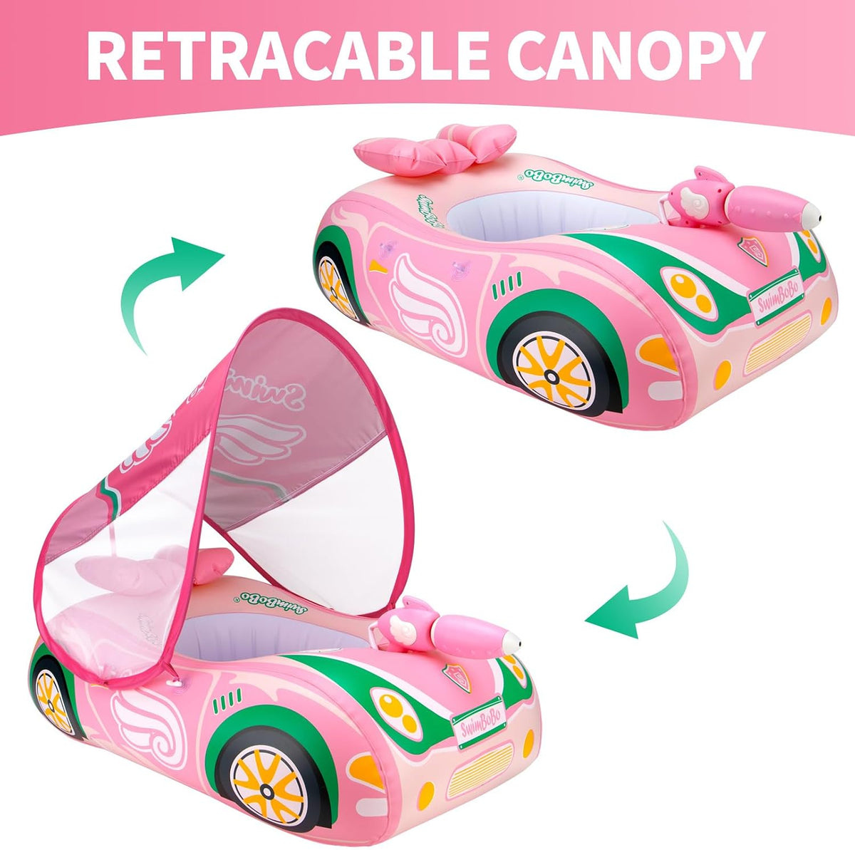 Toddler Float Inflatable Baby Swim Float with Canopy and Seat Pool - Pink Car with Water Gun - image 4