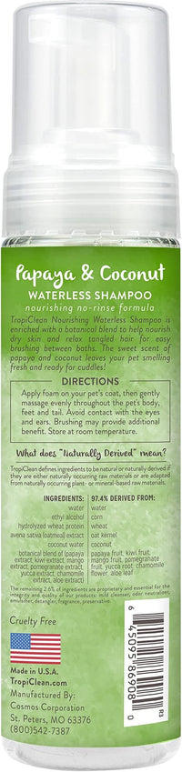 TropiClean No Rinse Waterless Dog Shampoo | Detangling & Deodorizing Dry Shampoo for Smelly Pets | Moisturizes Dry Skin | USA Made | Papaya Scent | 7.4oz