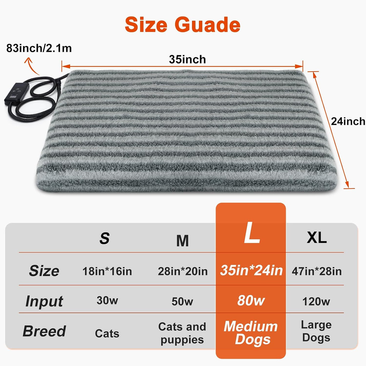 Large Pet Heating Pad, Adjustable Temperature with Timer - Grey / L (35'' x 24'') - image 2