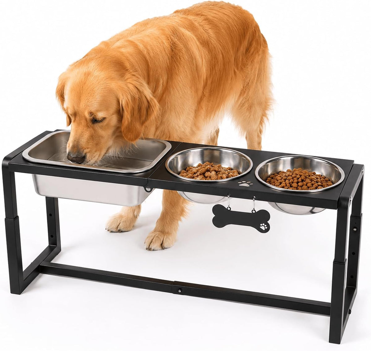 Elevated Dog Bowls, Metal Raised Dog Bowl Stand with 2 Thick 58oz Stainless Steel Food Bowls - Black-58oz x 2 & 1.2gal x 1 / Height: 8.8-14"