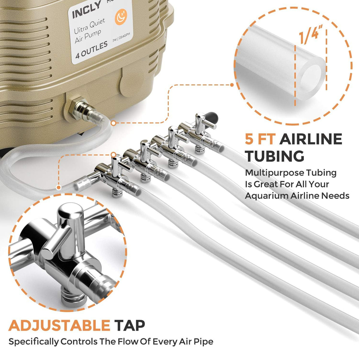 INCLY 7W Ultra Silent Aquarium Air Pump, 4 Adjustable Outlets - image 4