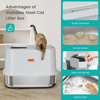XL Stainless Steel Cat Litter Box Top Entry Extra Large Metal Litter Box with High Side for Big Cats, Multiple Cats, No Odor, Easy to Clean, Anti-Urine Leakage, Dog-Proof, Non-Sticky（Grey）