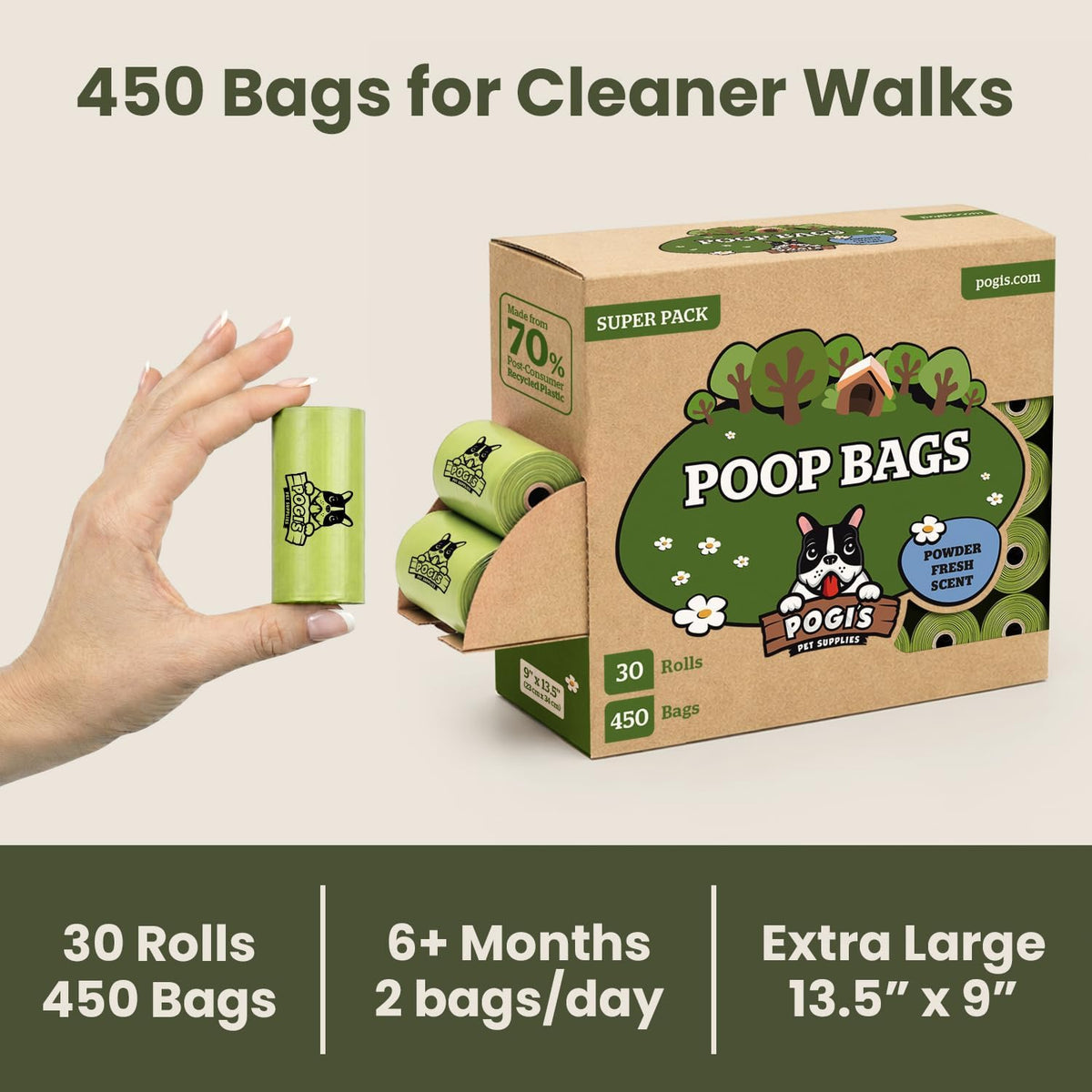 Pogi's Large Dog Poop Bags, Single Roll, Leak-Proof - 450 Count (Pack of 1) / Scented - image 2