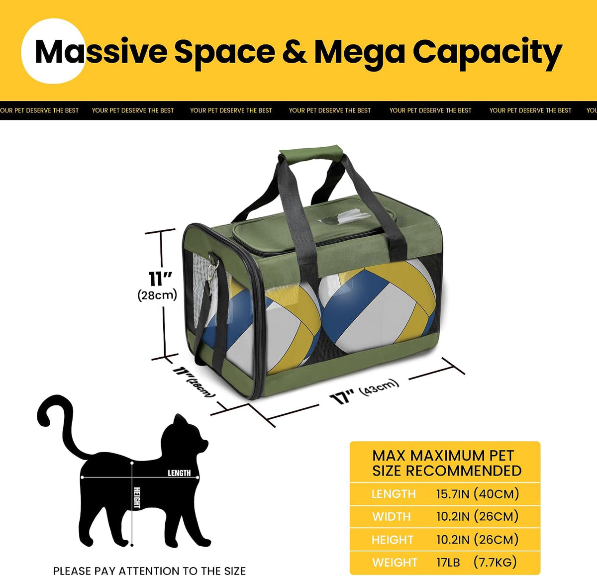 Conlun Cat Carrier Soft-Sided Pets Travel Carriers up to 15 Lbs - Green / 17.0"L x 11.0"W x 11.0"H - image 2