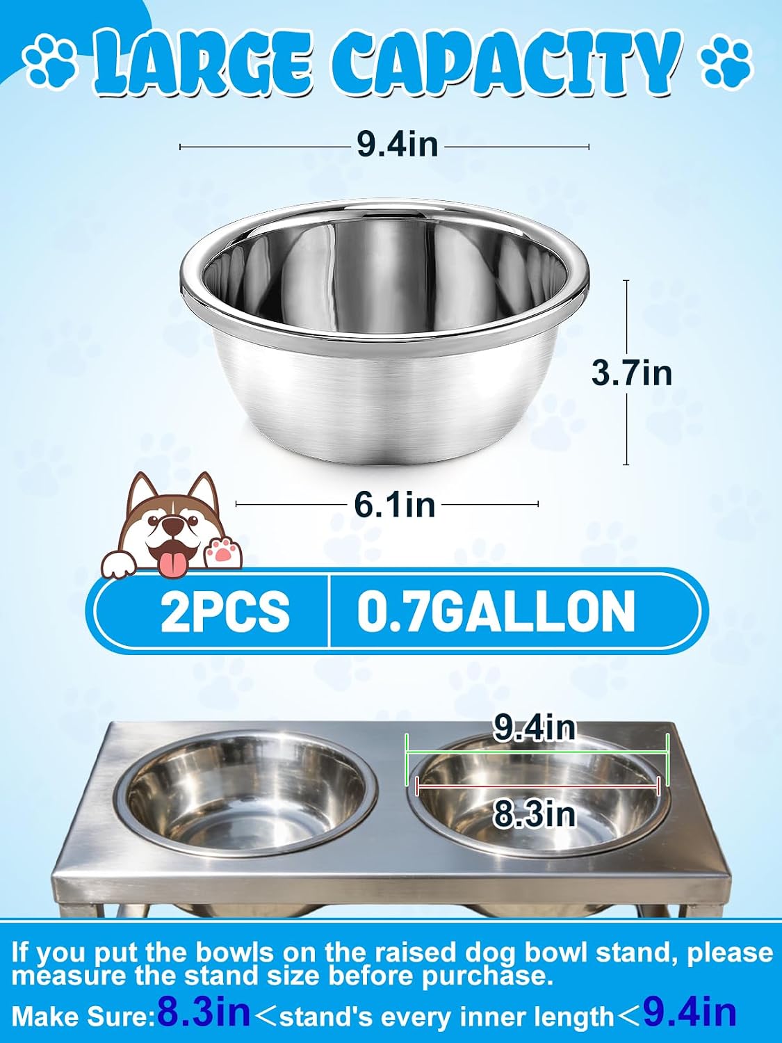 2Pcs 1.3 Gallons Food Grade Stainless Steel Large Dog Bowls – Essentials for Dogs - 0.7 Gallons - image 2