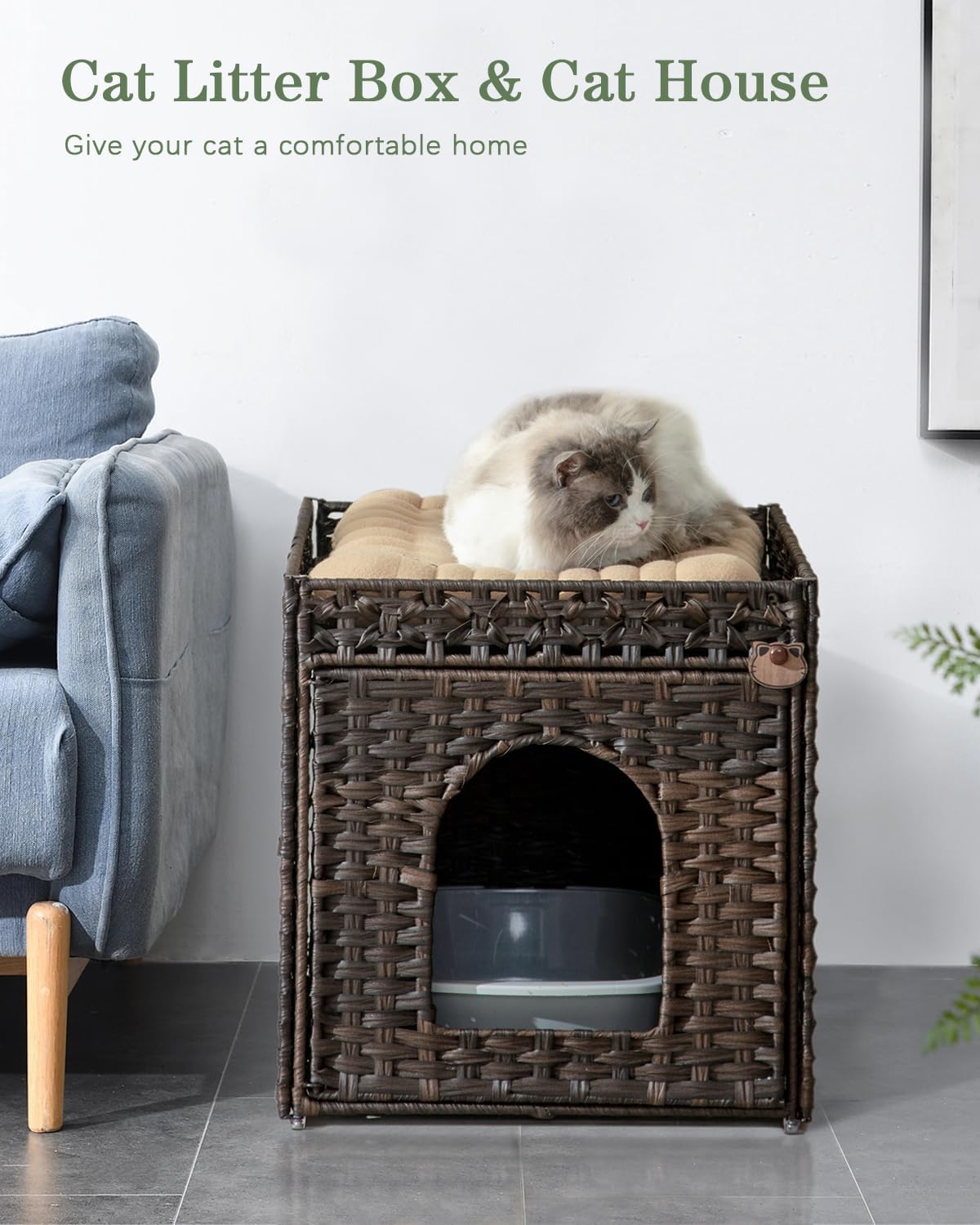 Cat Litter Box Enclosure Furniture, Hidden PE Rattan - Brown / Standard - image 2