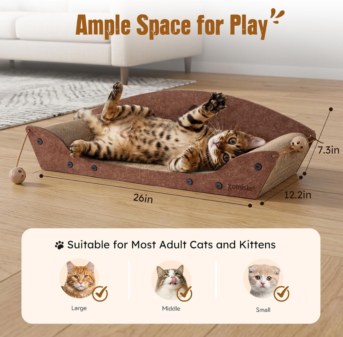26'' Cardboard Cat Scratcher Bed for Indoor Cats, 1PC, Brown – Essentials for Cats - 1PC-Brown - image 3