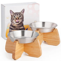 Raised Stainless Steel Cat Bowl with Bamboo Stand – Essentials for Cats - 2 PACK