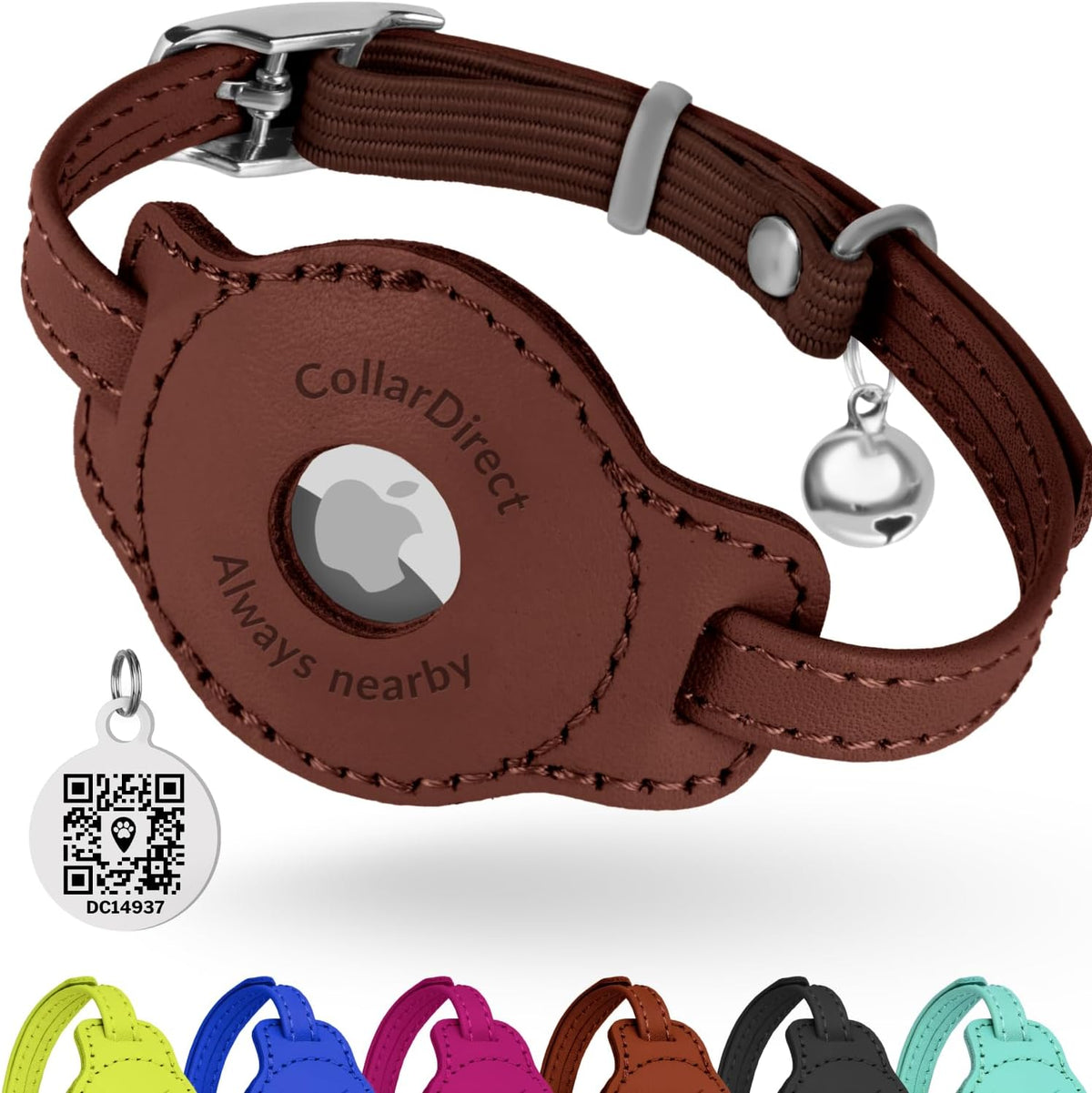 Soft Leather Cat Collar with Safety Elastic Strap - 6-7 Inch (AirTag Holder) / Brown