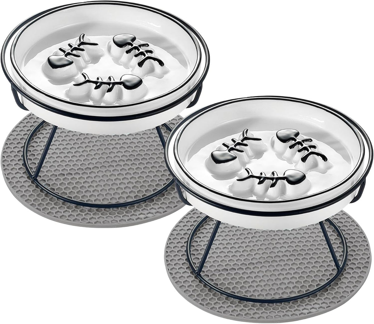 Ceramic Elevated Slow Feeder Cat Bowl, Anti Vomit - 2PCS Black