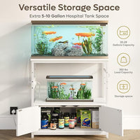 Bestier 20-29 Gallon Fish Tank Stand with Power Outlets, Metal Long Aquarium Stand with Storage Cabinet, 31x15 Reptile Terrarium Stand with Horizontal Gold Line, Stainless Hooks, 350 Lbs(White)