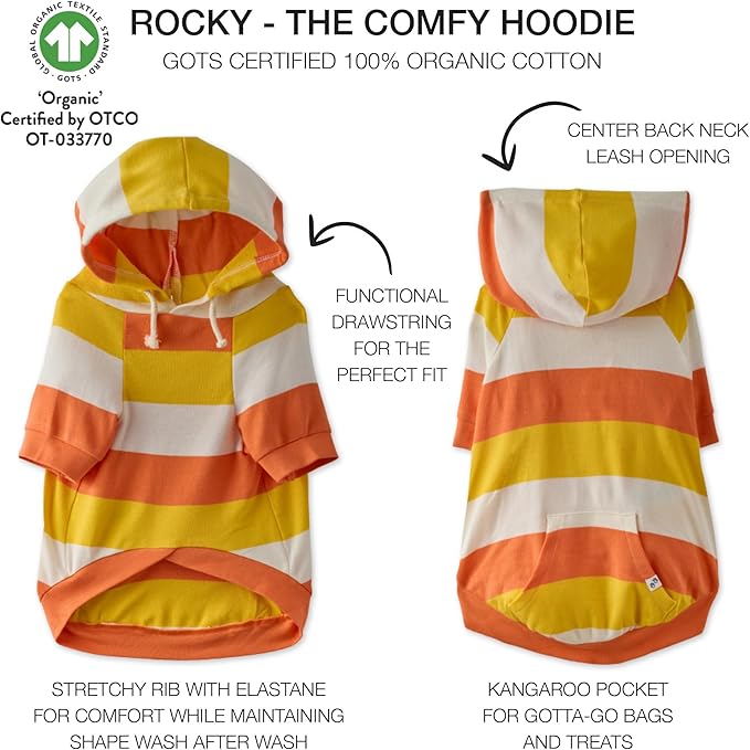 Rocky – The Orginal Lightweight Hooded TEE 100% Organic Cotton Dog Hoodie Pet Coat Sweater for Small, Medium, Large Dogs, Candy Corn, X-Small