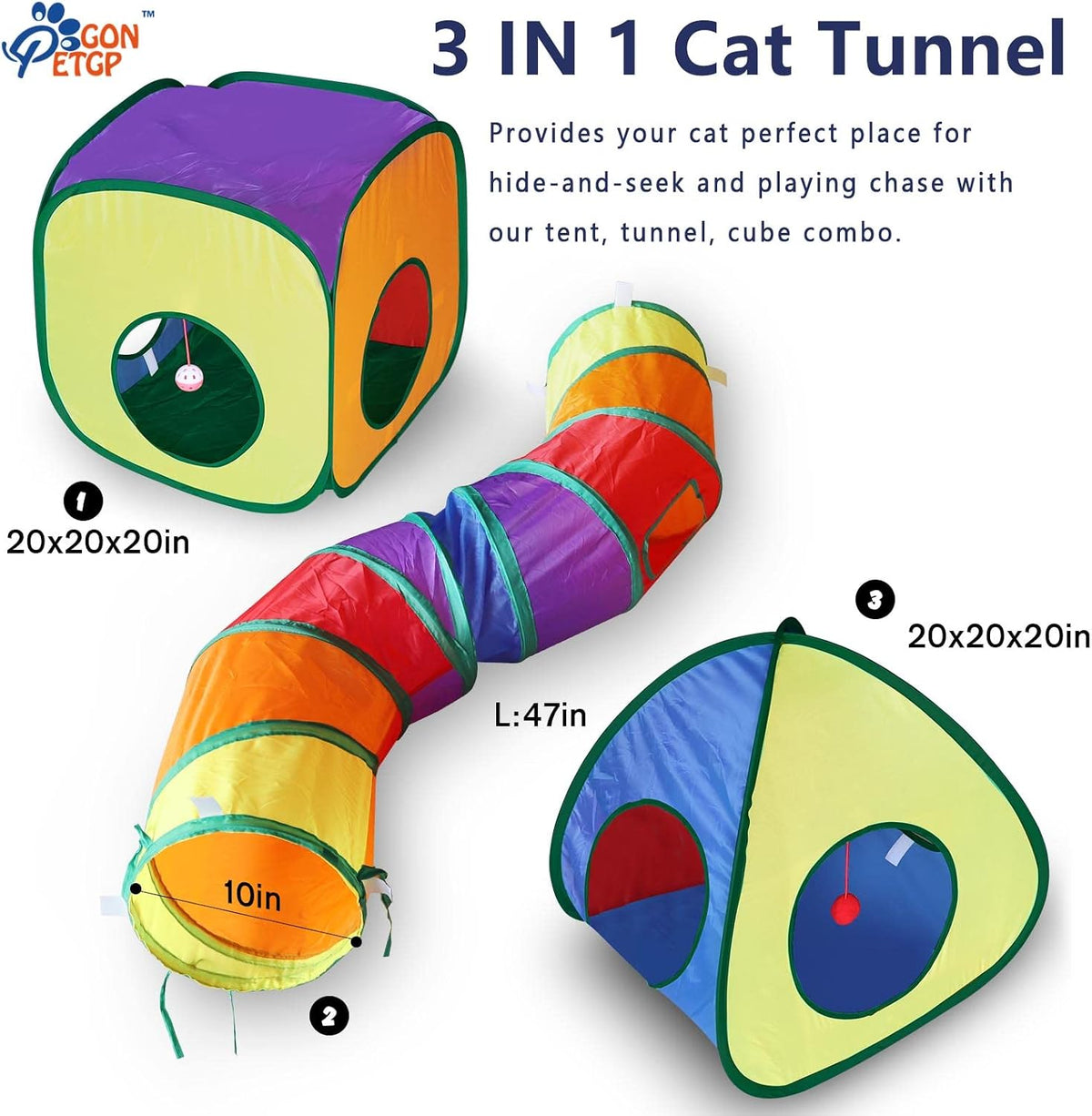 GONPETGP Cat Tunnels for Indoor Cats with Cube Tent Toys Combo - Rainbow - image 2
