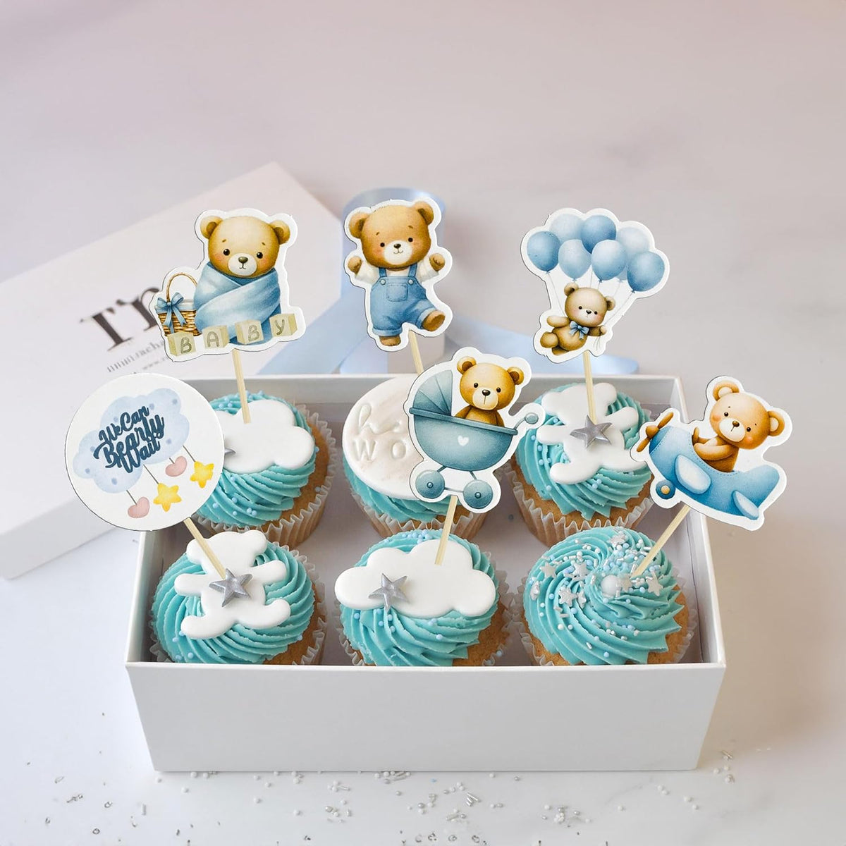 Gyufise 36Pcs Baby Shower Bear Cupcake Toppers Moon Baby Bear Baby - Blue Coffee - image 4