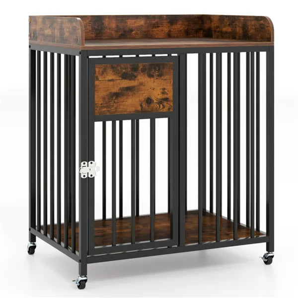 2-in-1 Dog Crate Furniture With Thickened Metal Tubes, Lockable Wheels Pet Kennel For Small Dogs