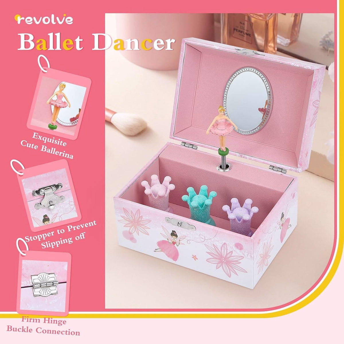 Girl's Gift Music Box with Spinning Ballerina - Pink flower fairy design - image 2