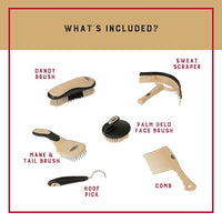 Weaver Equine 6-Piece Horse Grooming Kit, Ergonomic Gentle Horse Care Kit, Equestrian Supplies for Bathing Support, Detangling, and More, Black/Tan