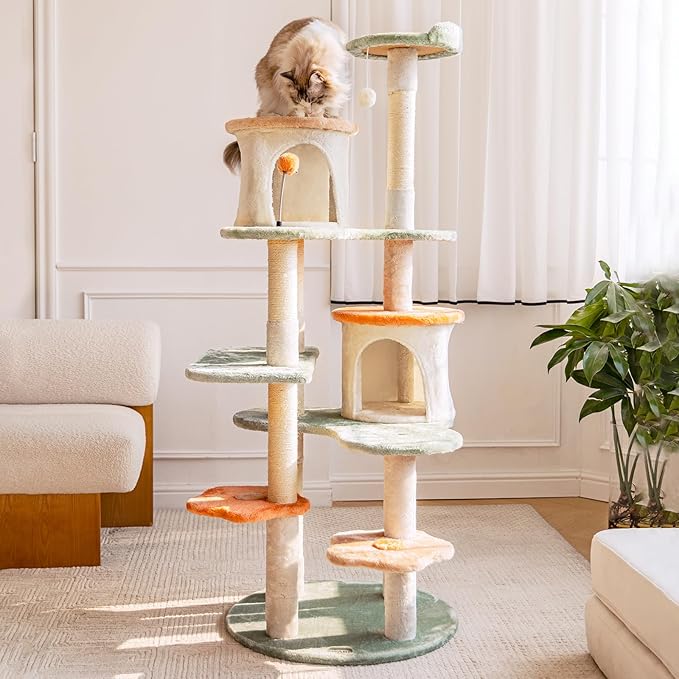HYABi 63-inch Cat Tree for Large Cats, Multi-Level Flower Tower with Condo, Sisal Scratching Posts & Toy Balls, Sturdy & Safe Indoor Playhouse