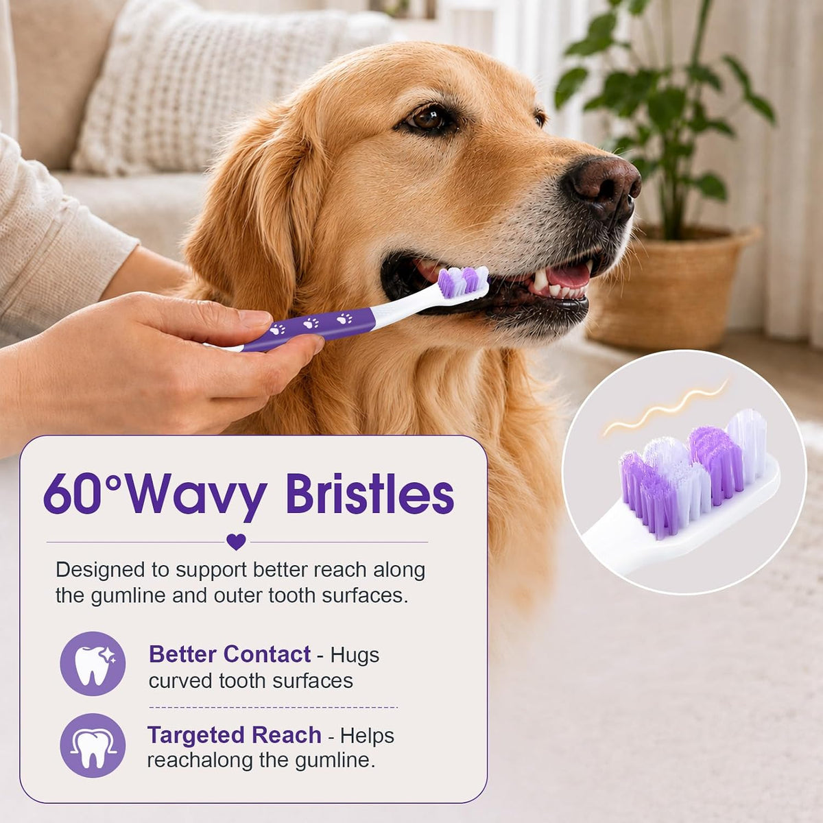 Purple dual-head dog toothbrush with S-shaped handle for medium and large dogs - view 3