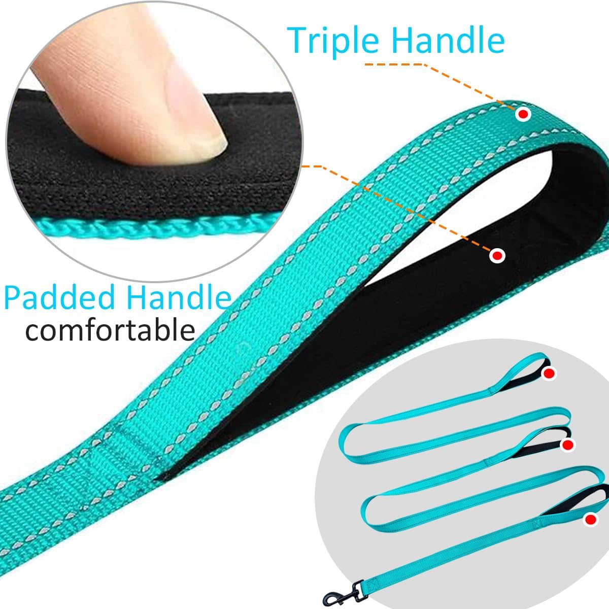 3 Handle Dog Leash 10FT Triple Handle Reflective Large Medium Dogs – Essentials for Dogs - Turquoise - image 2