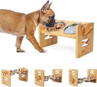 Elevated Dog Bowls, Adjustable Raised Tilted French Bulldog Food Water Bowl, Slanted Bamboo Pet - Z