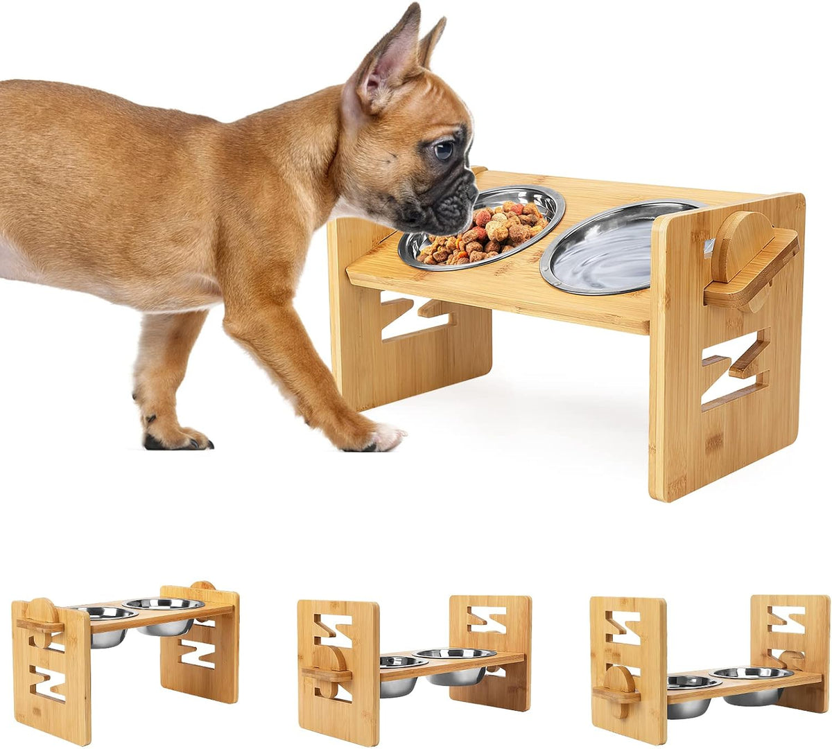 Elevated Dog Bowls, Adjustable Raised Tilted French Bulldog Food Water Bowl, Slanted Bamboo Pet - Z