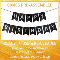 Happy Birthday Banner,Pre-Strung Black and Gold Party Decorations，16ft Pre-Strung Hanging Sign - black-silver - image 3