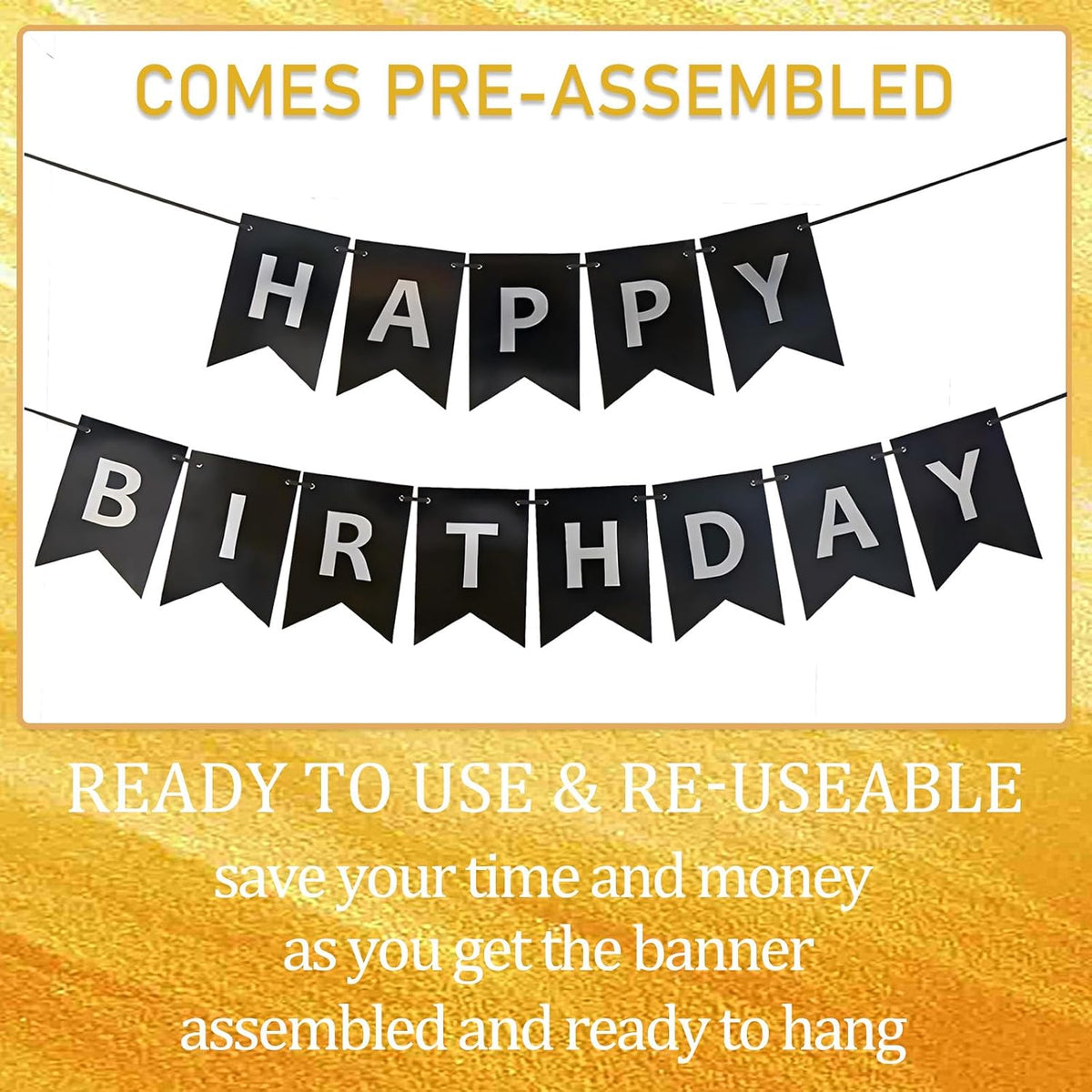 Happy Birthday Banner,Pre-Strung Black and Gold Party Decorations，16ft Pre-Strung Hanging Sign - black-silver - image 3