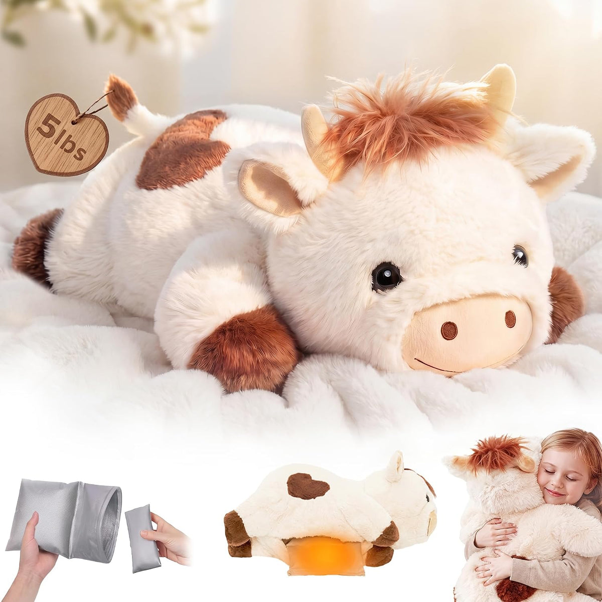 Mewaii Weighted Stuffed Animals Cow Plush, Heatable Coolable - White