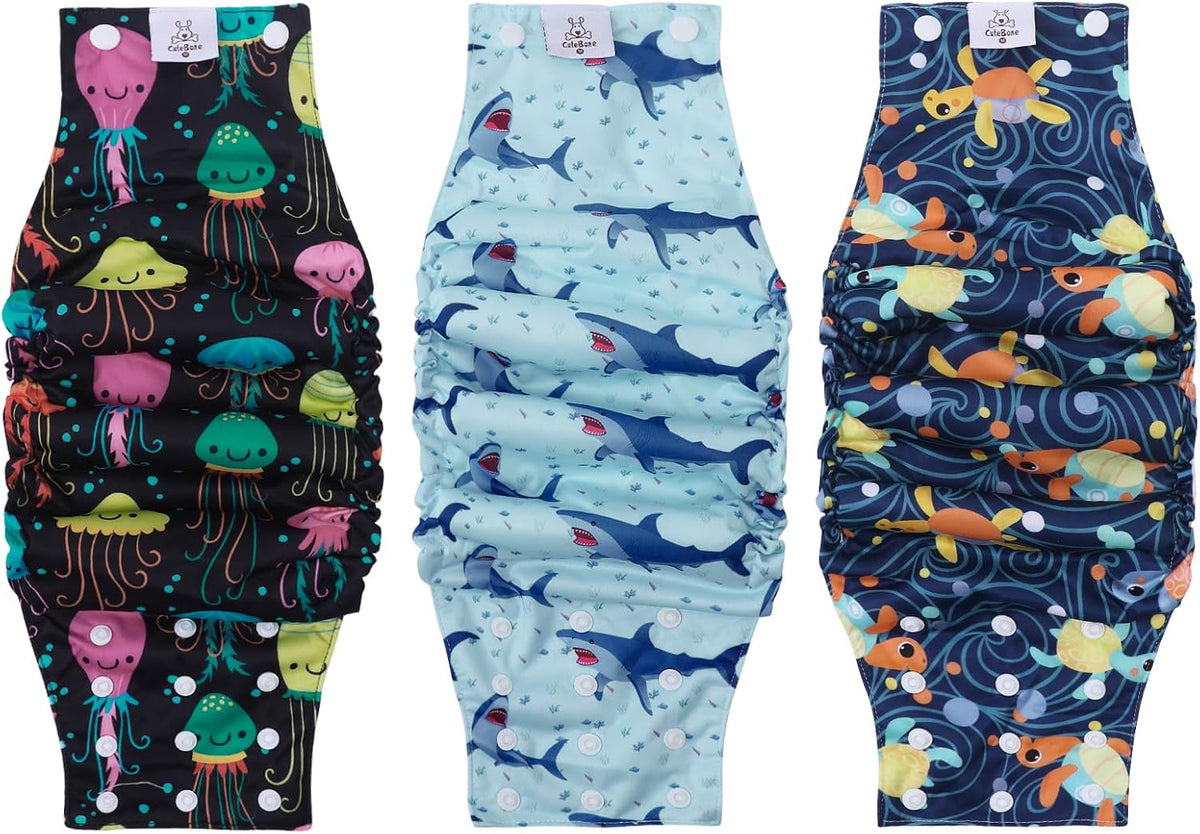 CuteBone Washable Dog Diapers Male with Snaps Reusable 3pcs a Pack - Buttons-Turtle&shark&jellyfish / M(14"-17")