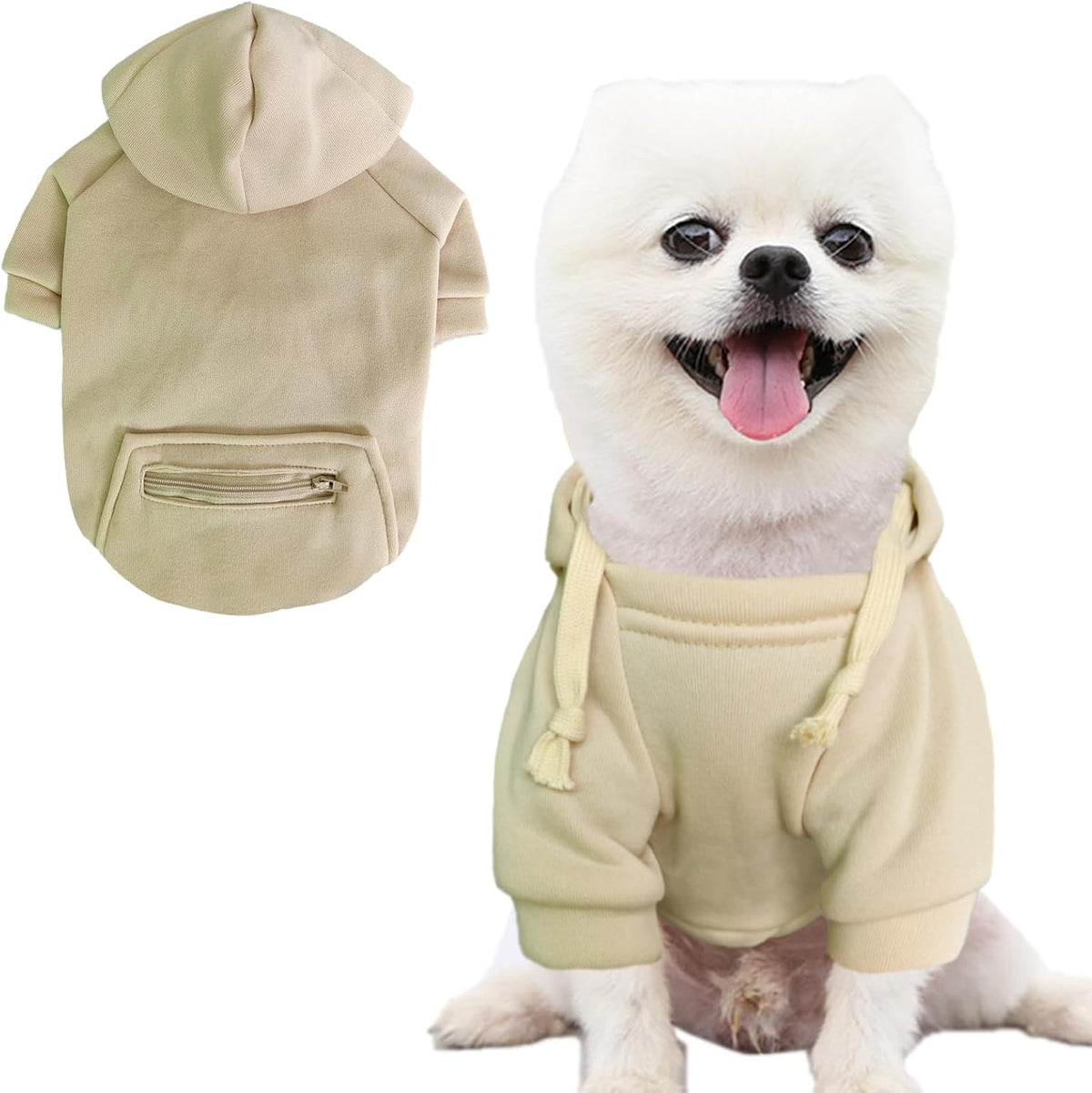 Dog Hoodies for Small Dogs with Zipper Pocket - Beige / X-Small