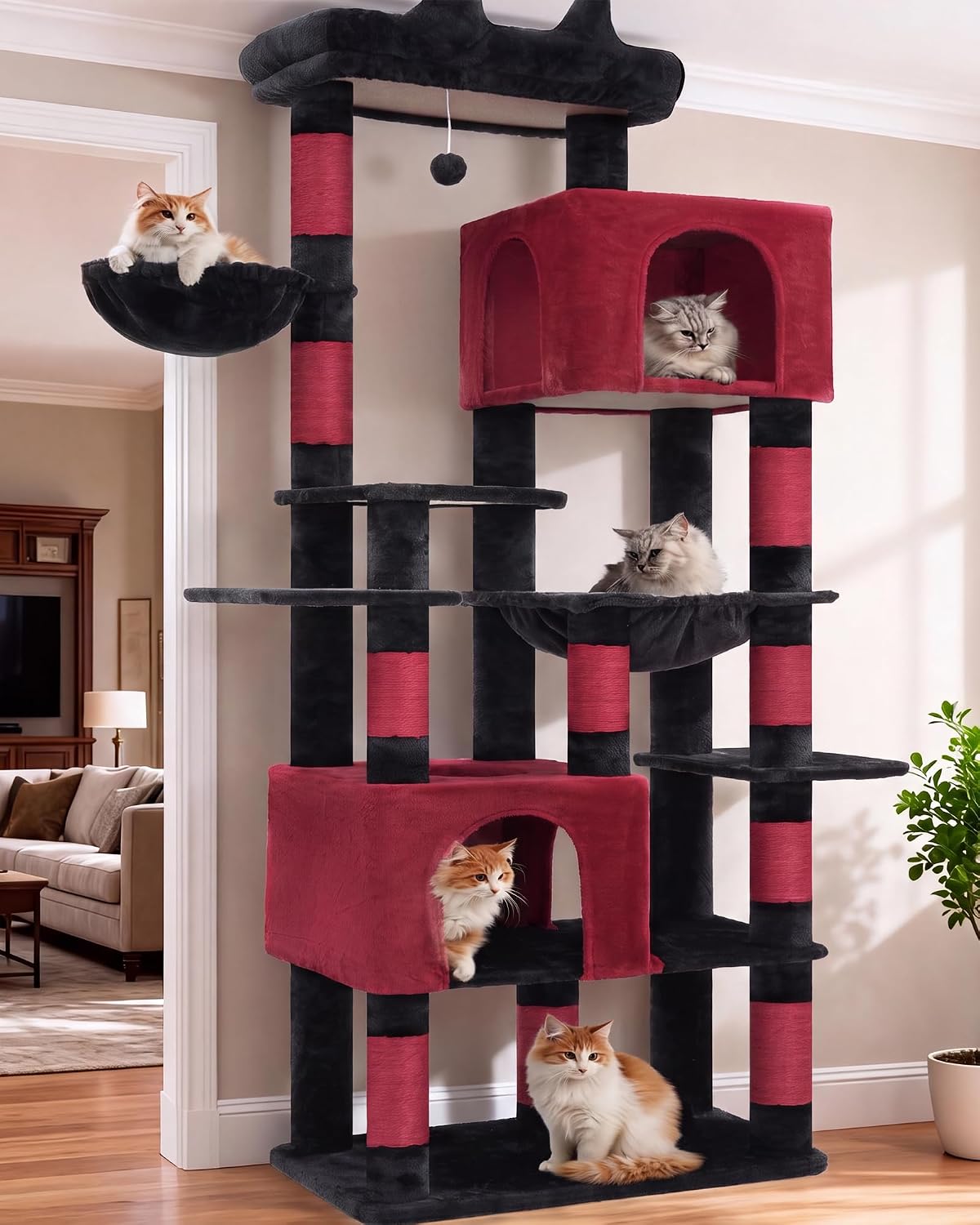 Heybly Cat Tree, 76-Inch Tall Heavy Duty Cat Tower for Big Cats HCT039G – Essentials for Cats - Black and Red / 76.8 inch