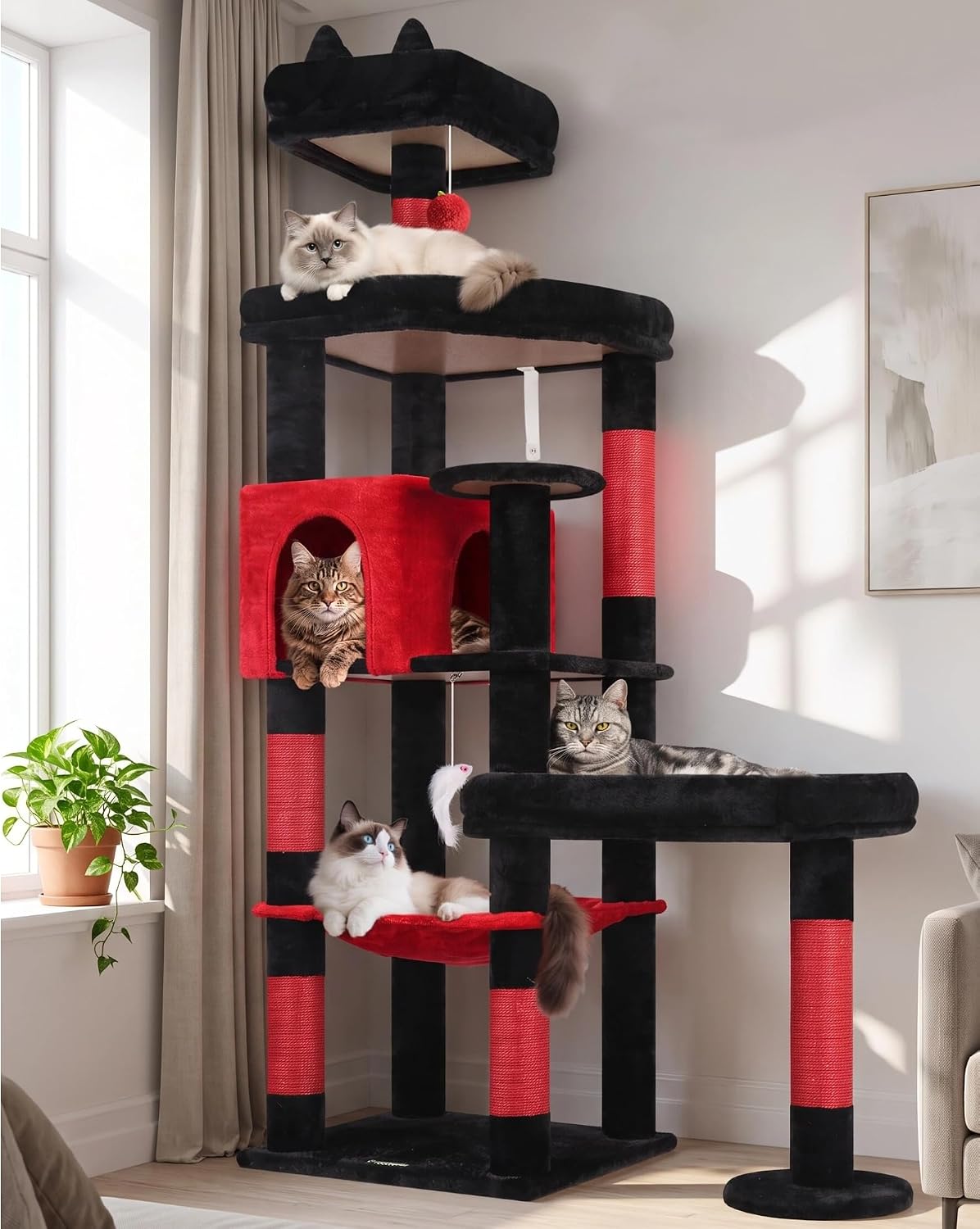 Globlazer 65in Sturdy Cat Tree Tower for Indoor Large Cats, S65 - 65inch / Red Black