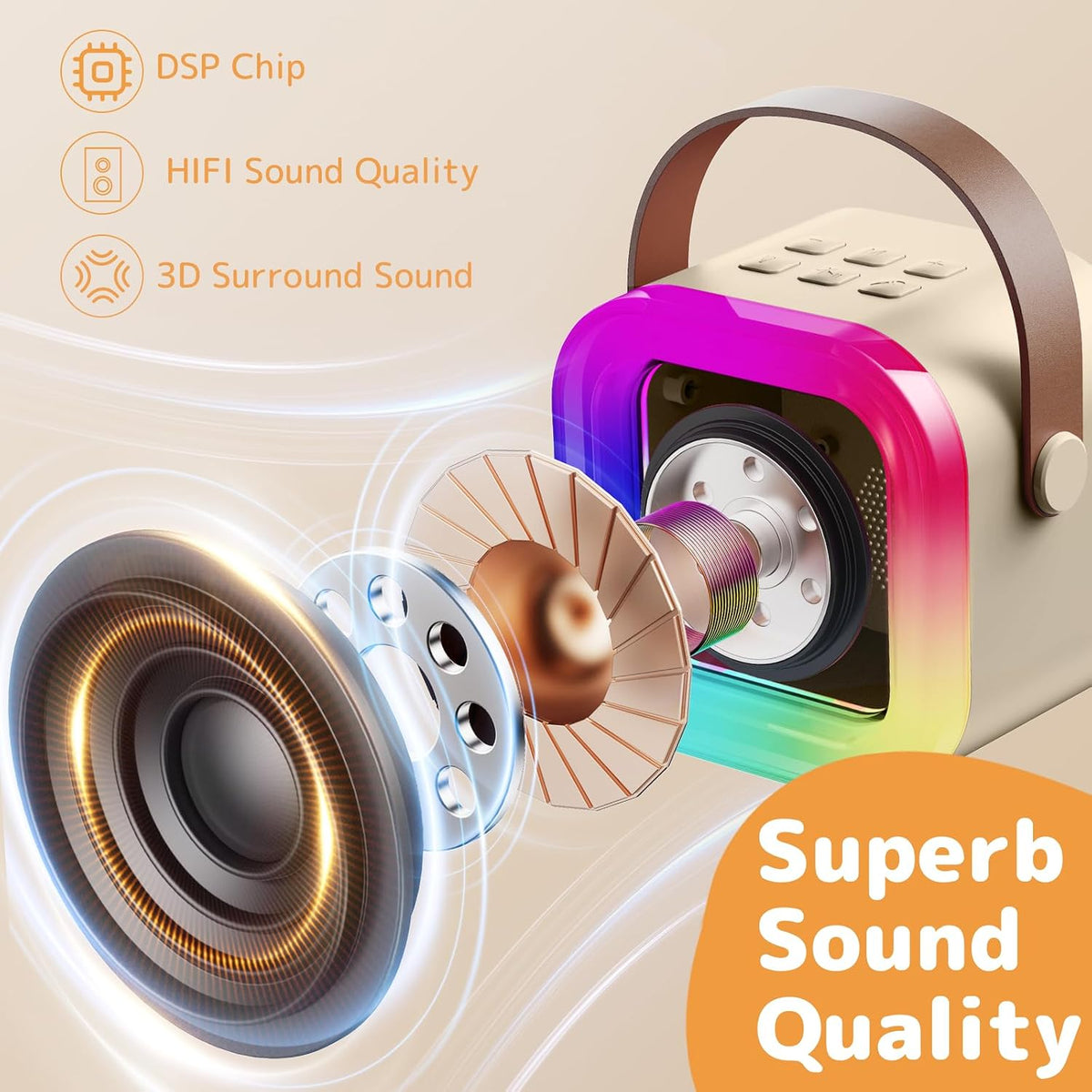 Karaoke Machine for Kids Adults - Beige - image 4