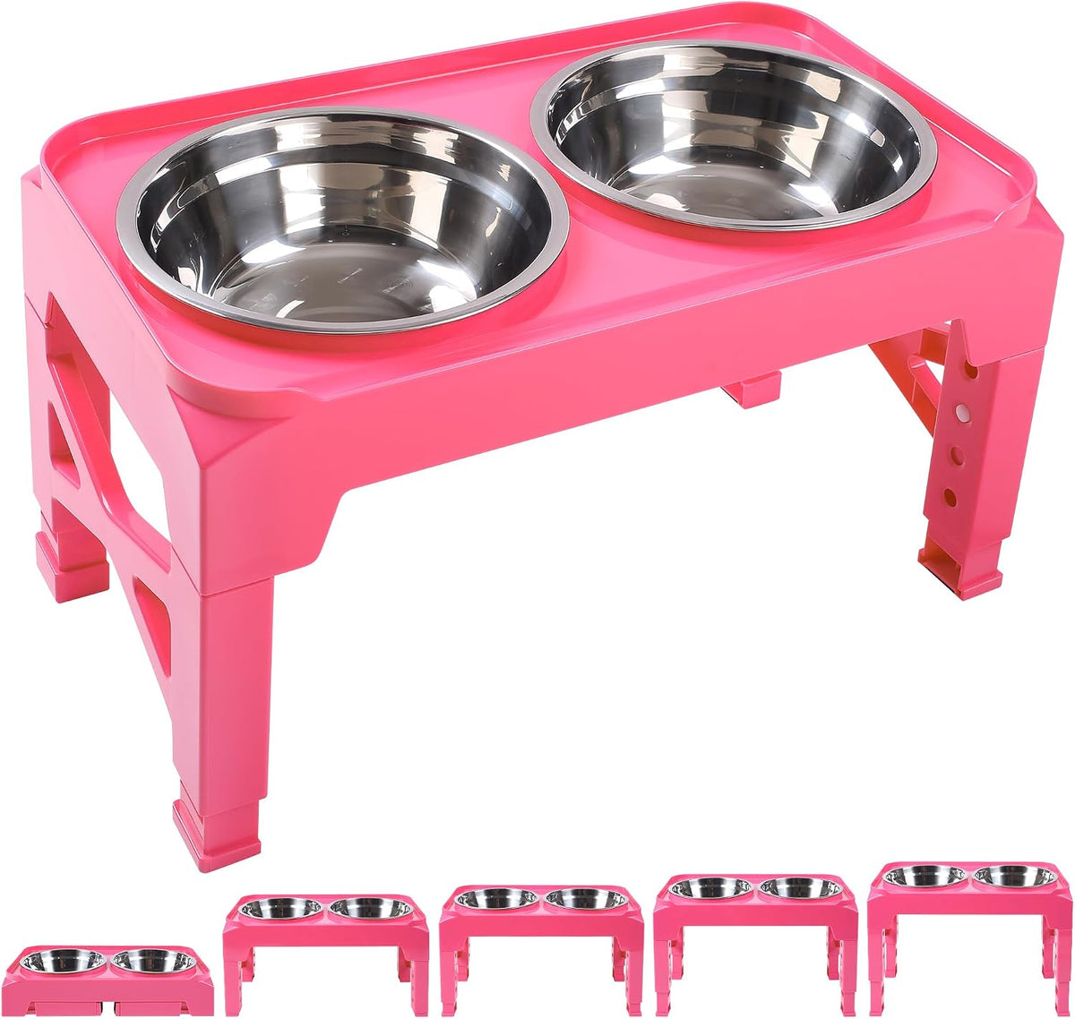 Hubulk Elevated Dog Bowls with 2 Stainless Steel Dog Food & Water - M (8" for M/L Dogs) / Pink