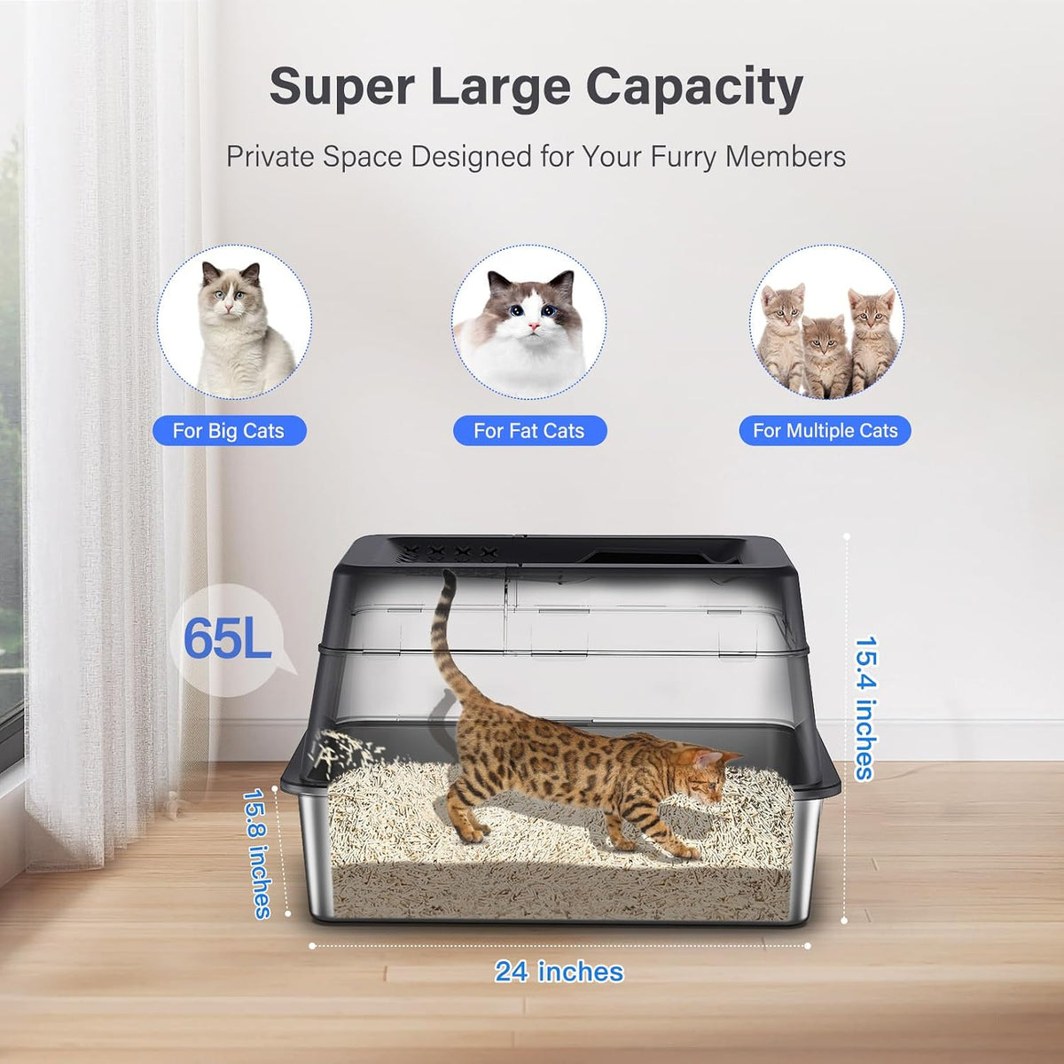 Aphyxen XL Stainless Steel Litter Box with Lid - XL Black - image 3