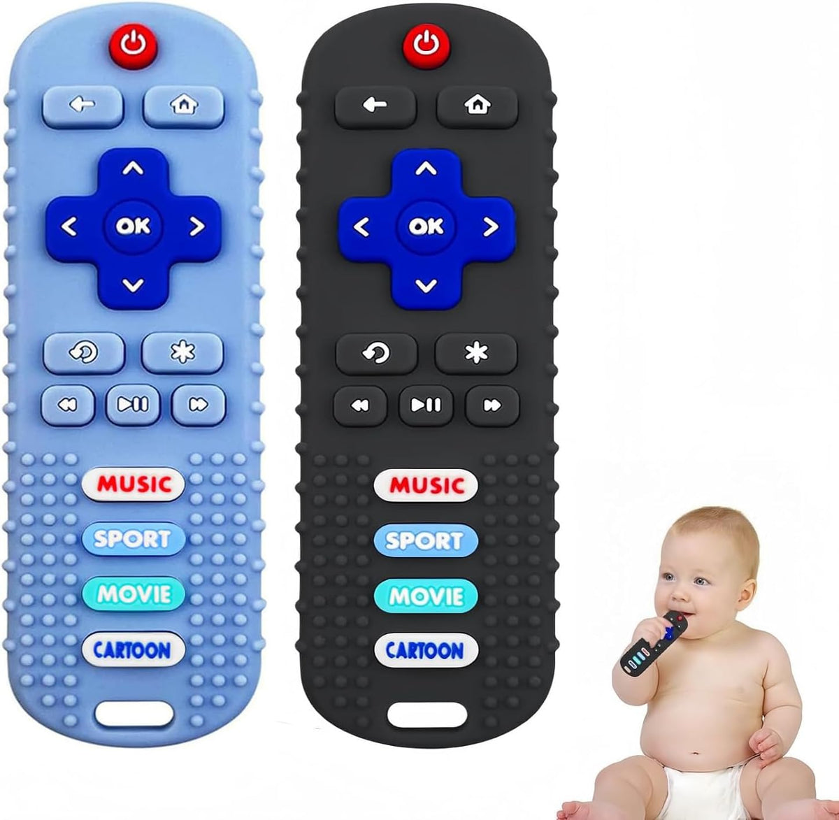 SOLIFEGOBLE 2 Pack Baby Teether Toys - Black + Blue