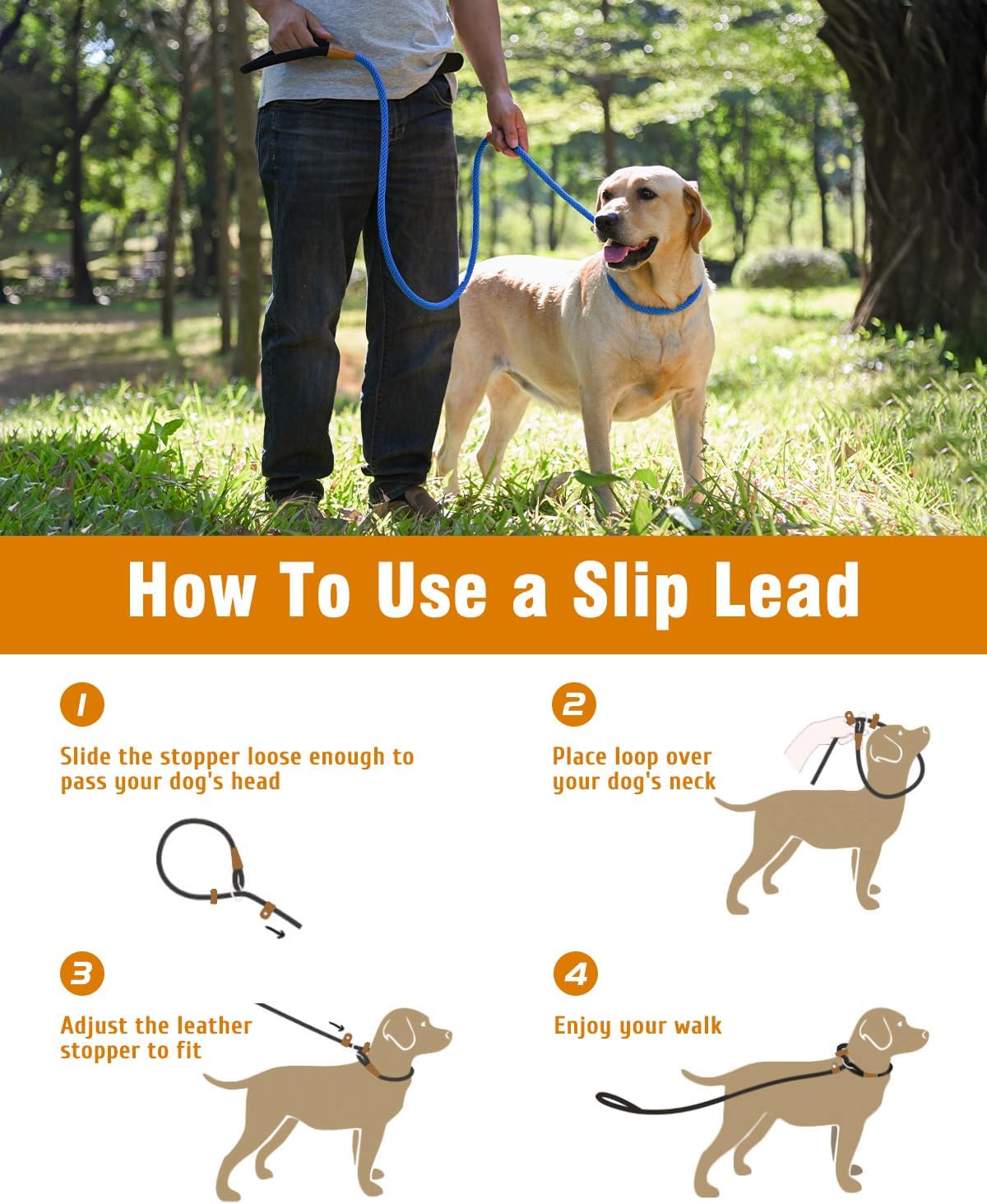 Dog Leash Slip Lead Braided Rope Pet Training Loop Leashes 5ft 6ft 8ft – Essentials for Dogs - Blue / 2PCS Slip Lead-1/2in x 6ft Large - image 2