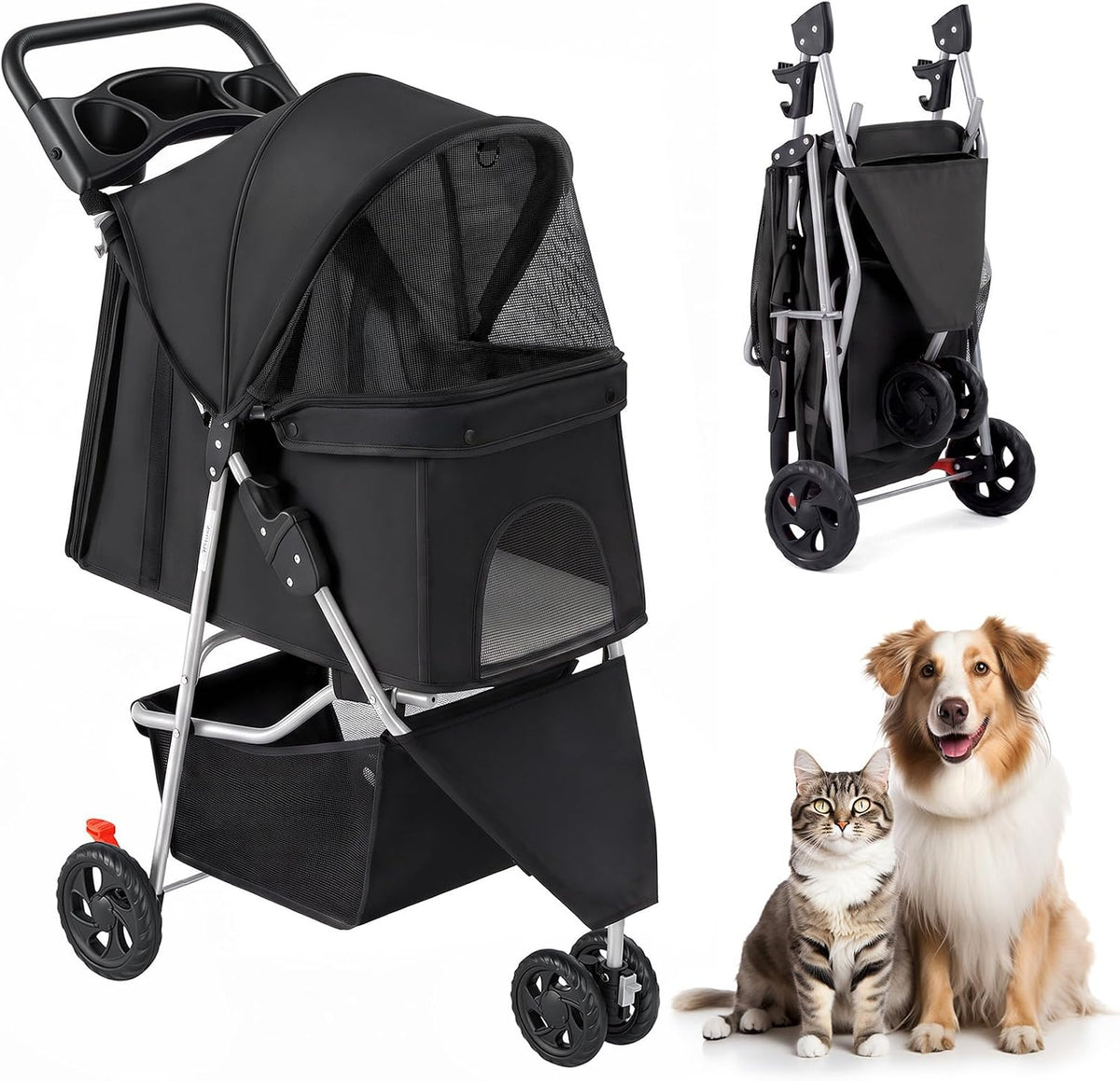 3 Wheel Pet Stroller for Dogs and Cats, Foldable Design – Essentials for Dogs - Matte Black / 29.1" x 17.7" x 39.4"