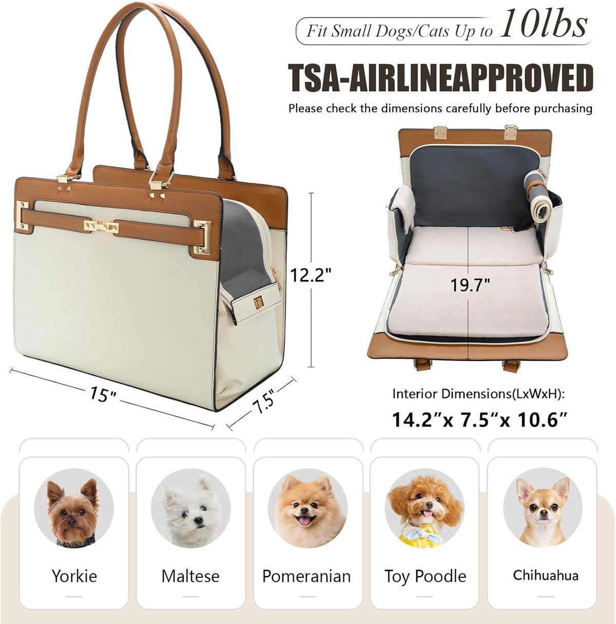 2-in-1 Stylish Dog Purse Carrier Travel Tote Bag for Small Dogs Cats - Beige+Brown / 15" L x 7.5" W x 12.2" H - image 2