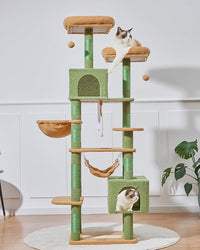 Taoqimiao Cat Tree, 71-Inch Cat Tree Cat Tower for Indoor Cats, Plush Multi-Level Cat Condo with 10 Scratching Posts, 2 Perches,Basket, 2 Caves,Hammock, 2 Pompoms,MS020T Cactus