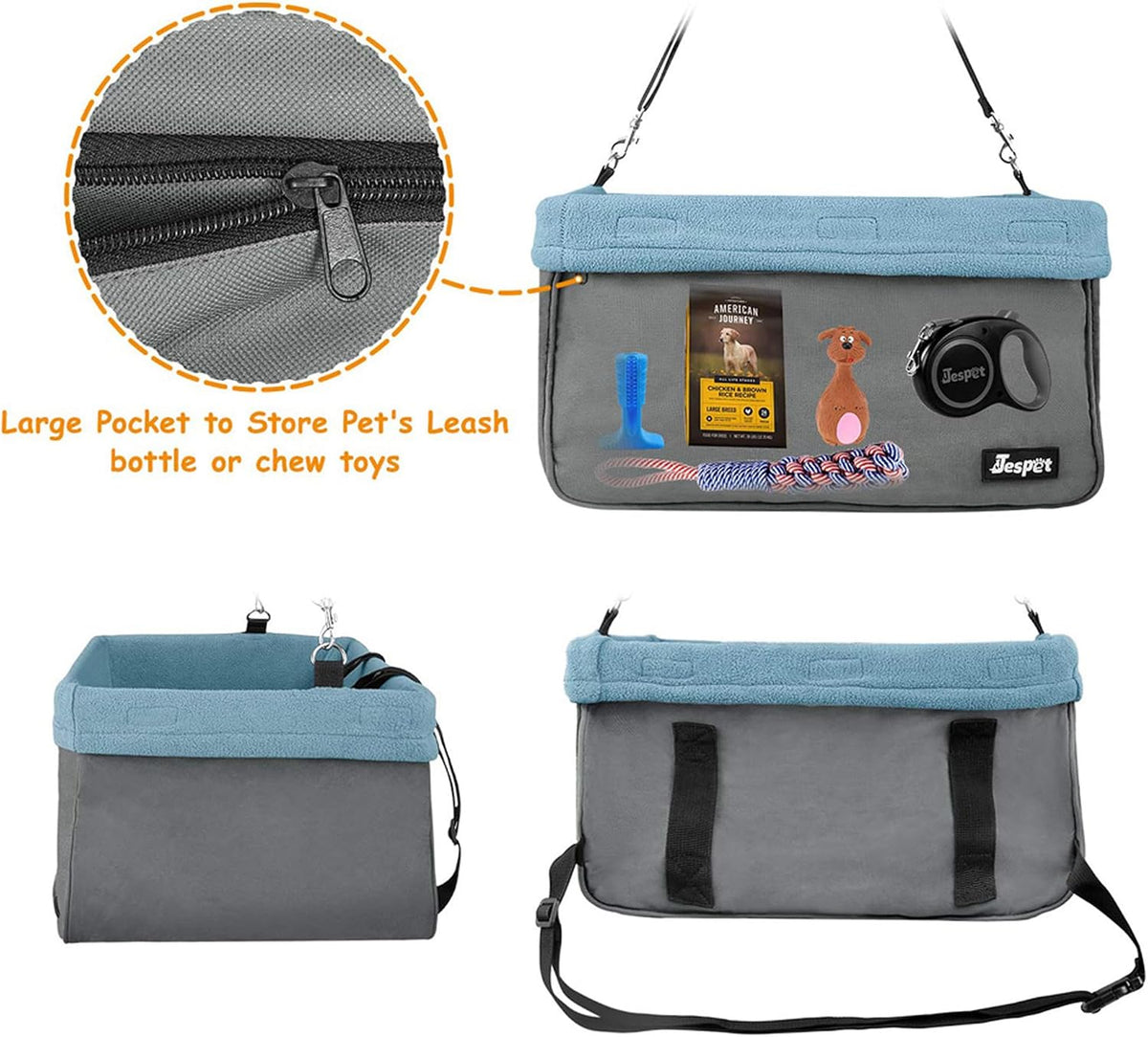 Jespet Dog Booster Seat for Cars, Travel Carrier with Seat Belt – Essentials for Dogs - Gray-16 L x 13" D x 9" H - image 4