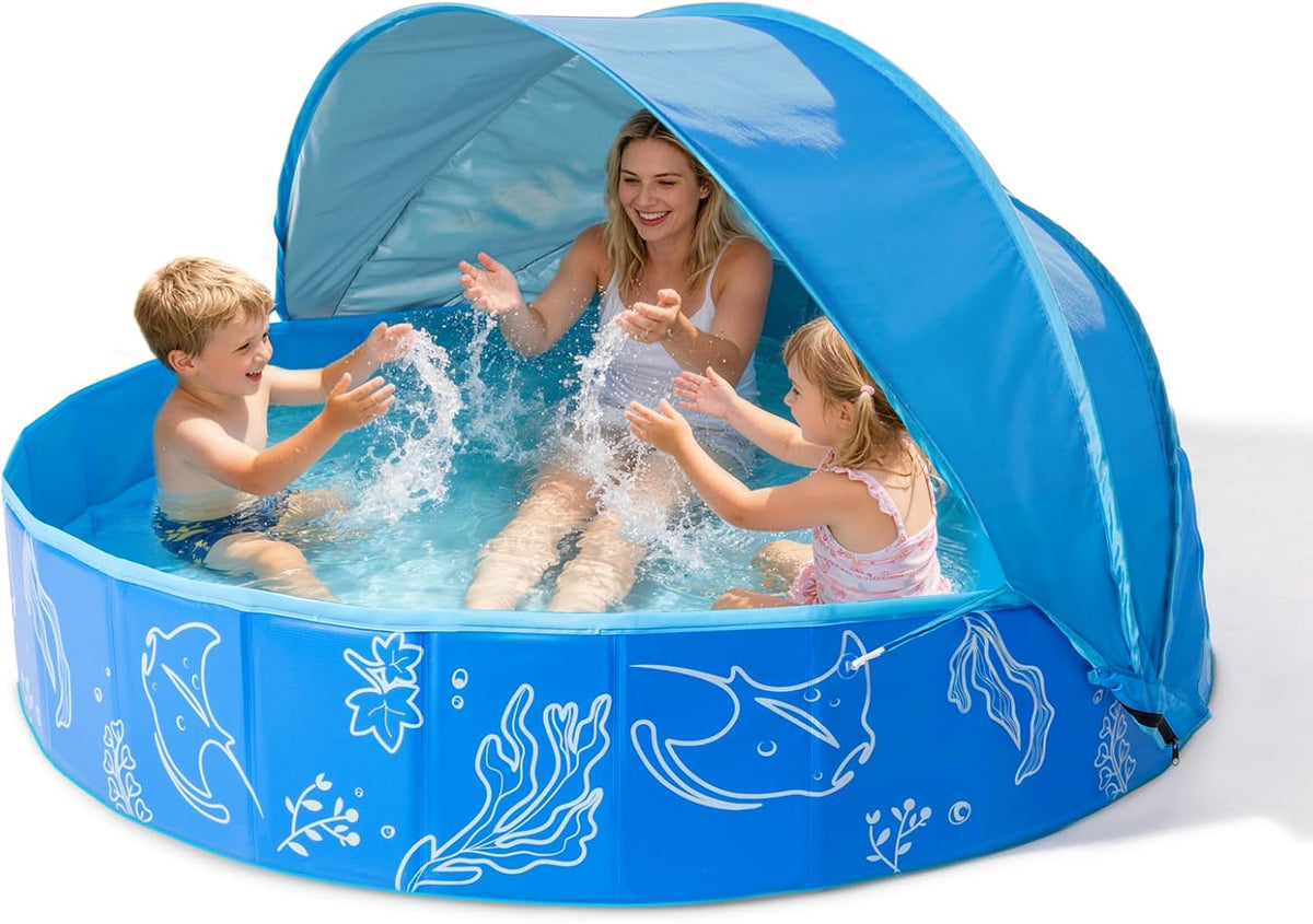 Hikiddy Foldable Kiddie Pool with Canopy: Baby Infant Toddler Kids - Blue-blue / 63in