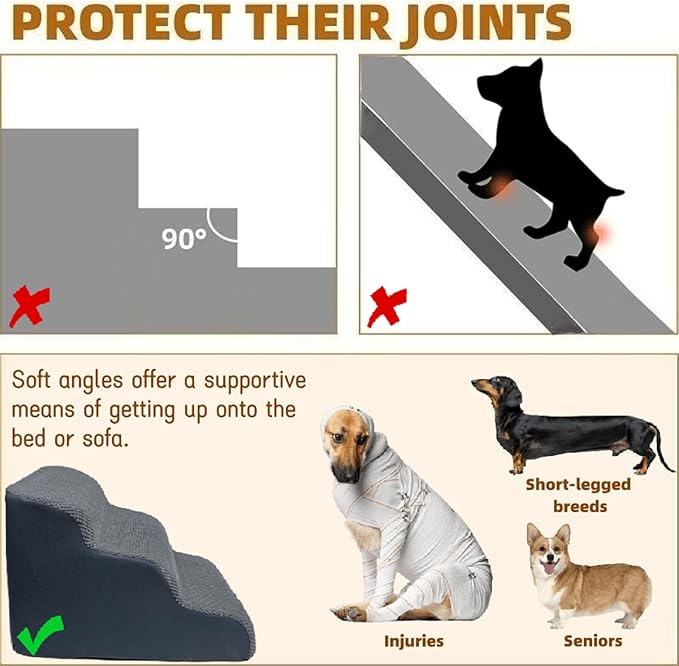 Dog Stairs & Pet Ramp for Small/Large Dogs to High Beds/Couches - 5 Steps 24-inch Height for 18-30 inch Furniture, 2 Washable Covers (Black, Grey), Non-Slip Balanced 33D Design for Old Dogs & Cats