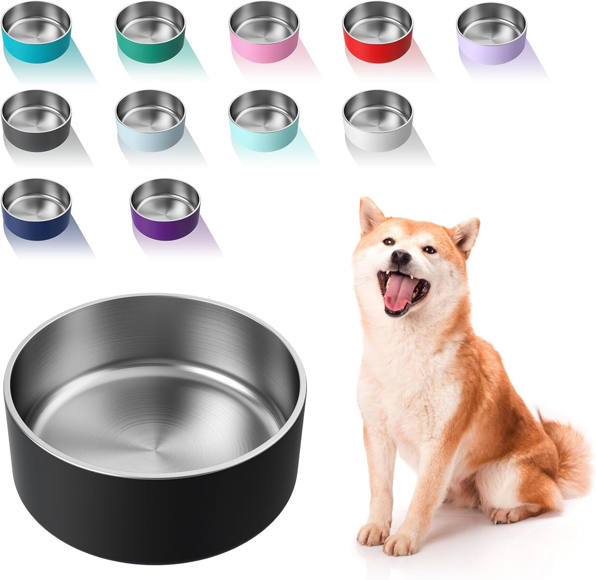 Dog Bowl, Stainless Steel Food and Water Bowl - 64 oz / Black