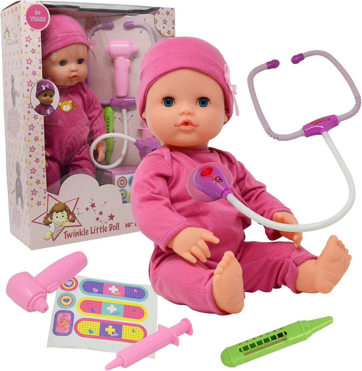 Interactive 16” Baby Doll Toy Doctor Kit with Light Up Heartbeat